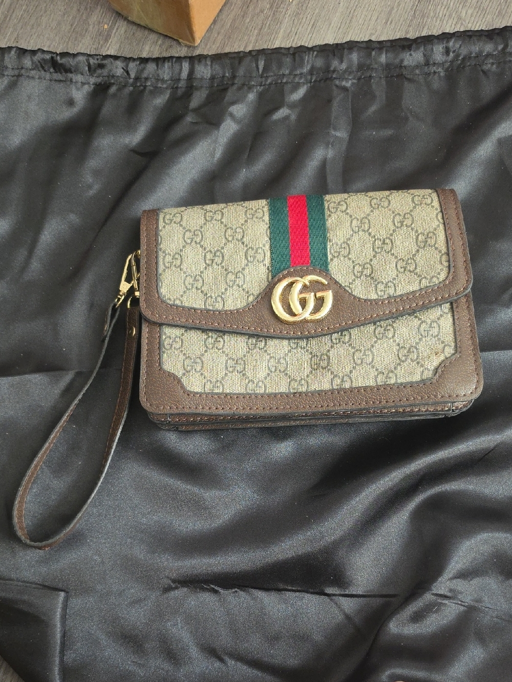 AUTHENTIC Gucci Brown GG Canvas Wristlet with Green & Red Web Stripe